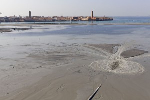 Difesa ambientale. Recupero morfologico barene, costruzione di barene artificiali antistanti il canale dei Marani e l'isola di Murano, foto aerea, laguna di Venezia, 18-05-2011